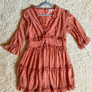 Burnt orange, long sleeved ruffle mini dress